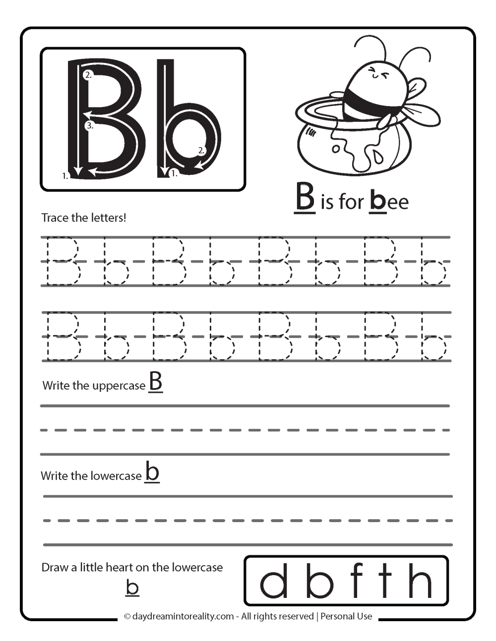 B is for bee. letter b writing worksheet free printable