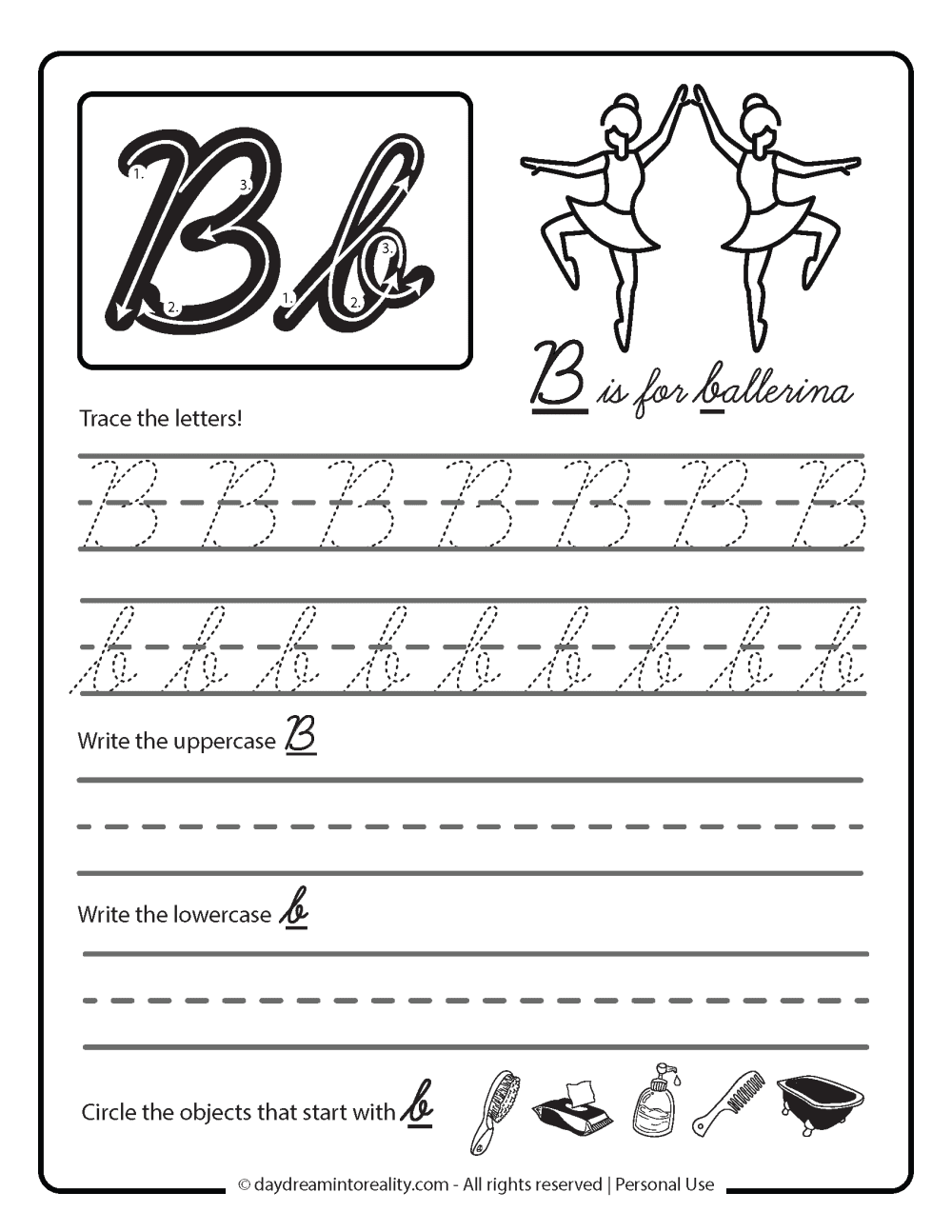 B is for ballerina. Cursive letter b worksheet  free printable