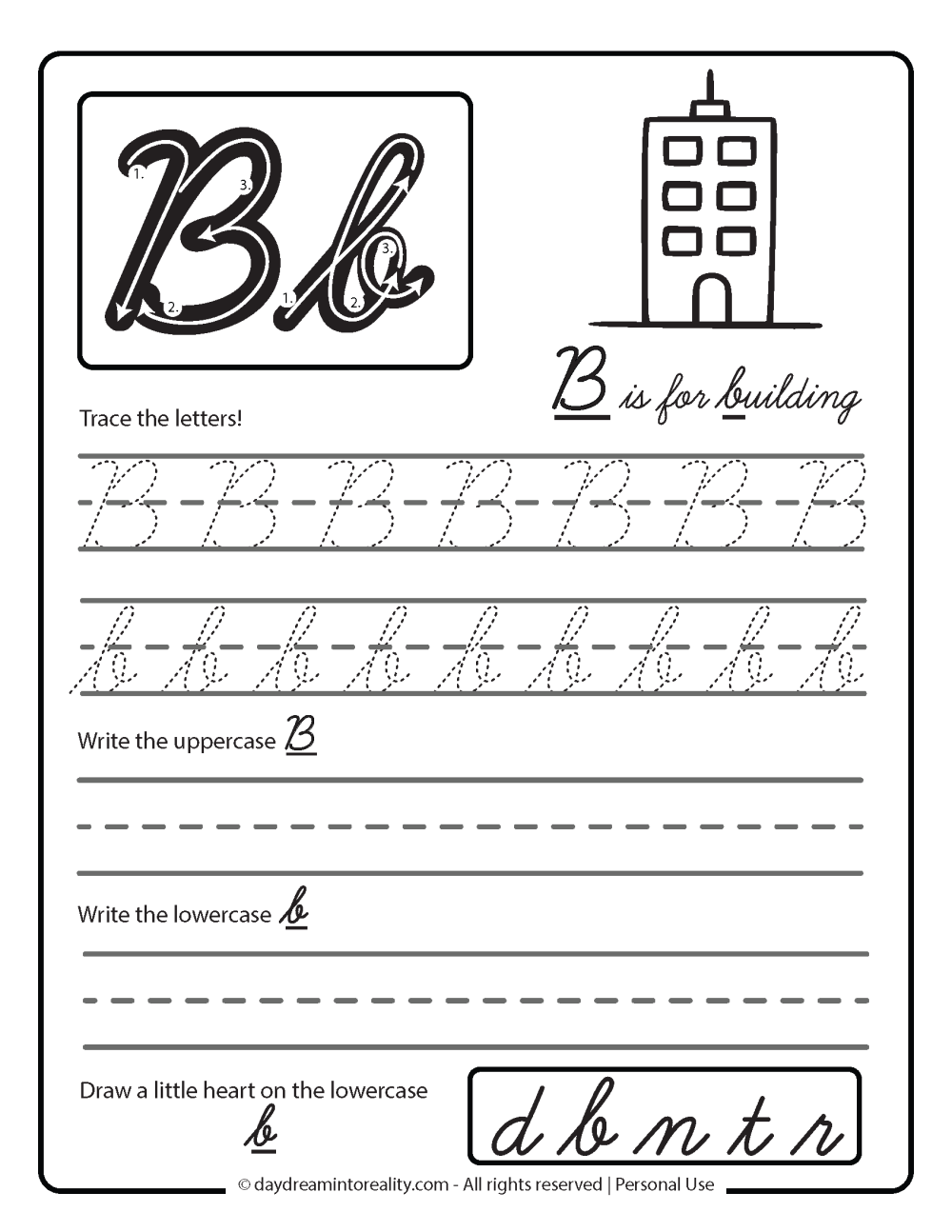 B is for building. Cursive letter b worksheet  free printable