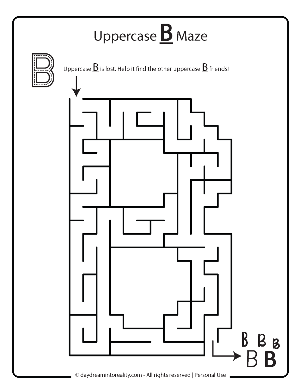 kids maze shaped uppercase letter b free printable
