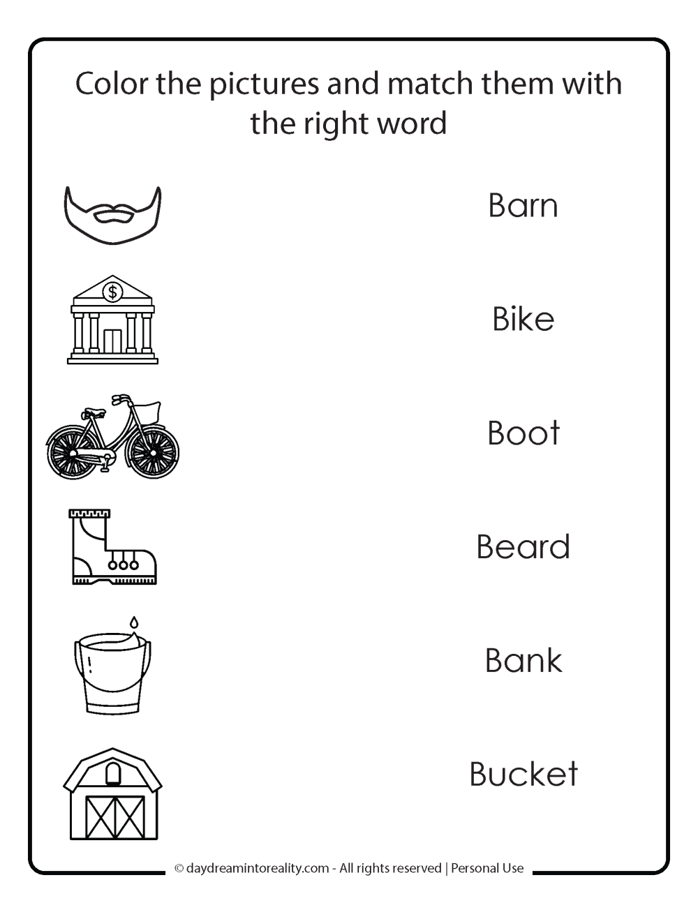 color and match words that start with B free printable worksheet