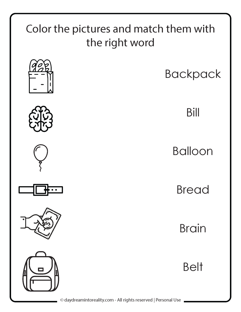 color and match words that start with B free printable worksheet