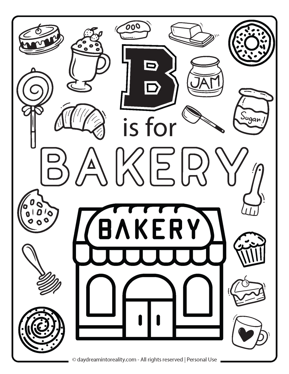 b is for bakery coloring page free printable