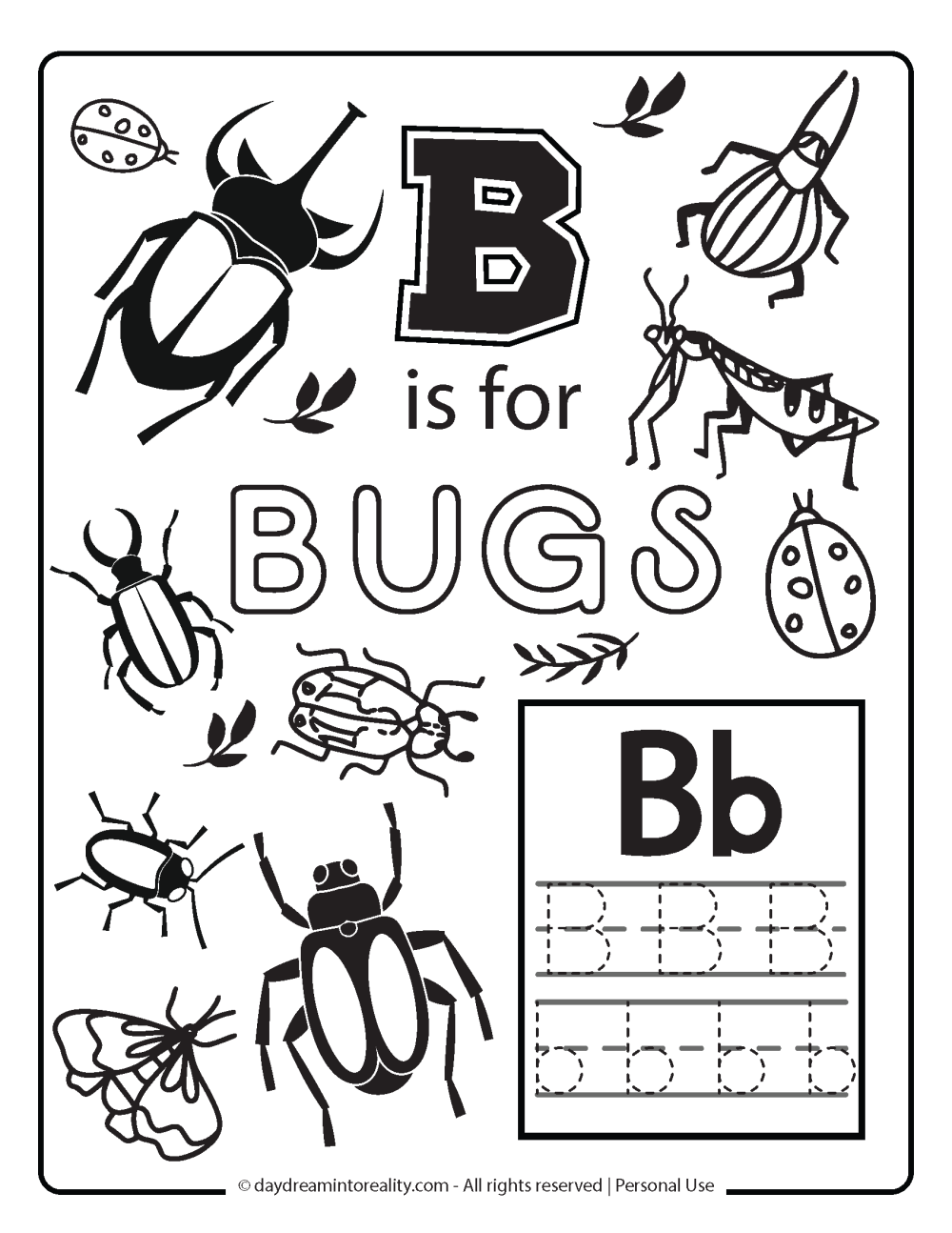 b is for bugs coloring page free printable