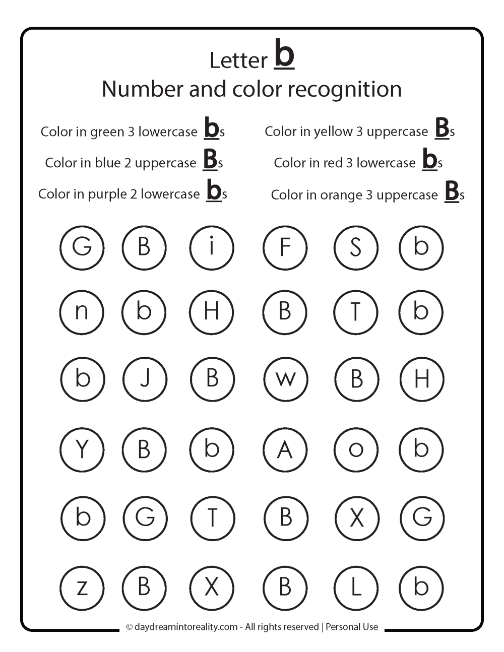 letter b number and color recognition free printable
