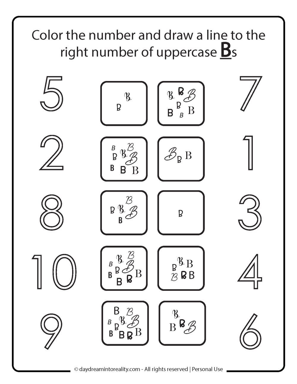 Match numbers with right amount uppercase B free printable