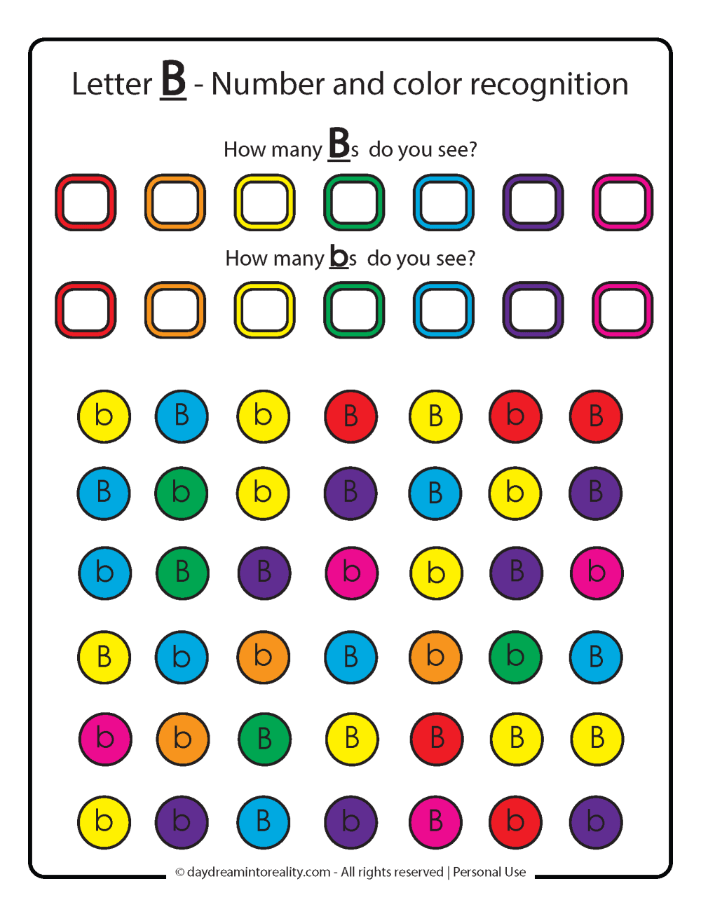 letter b number and color recognition free printable