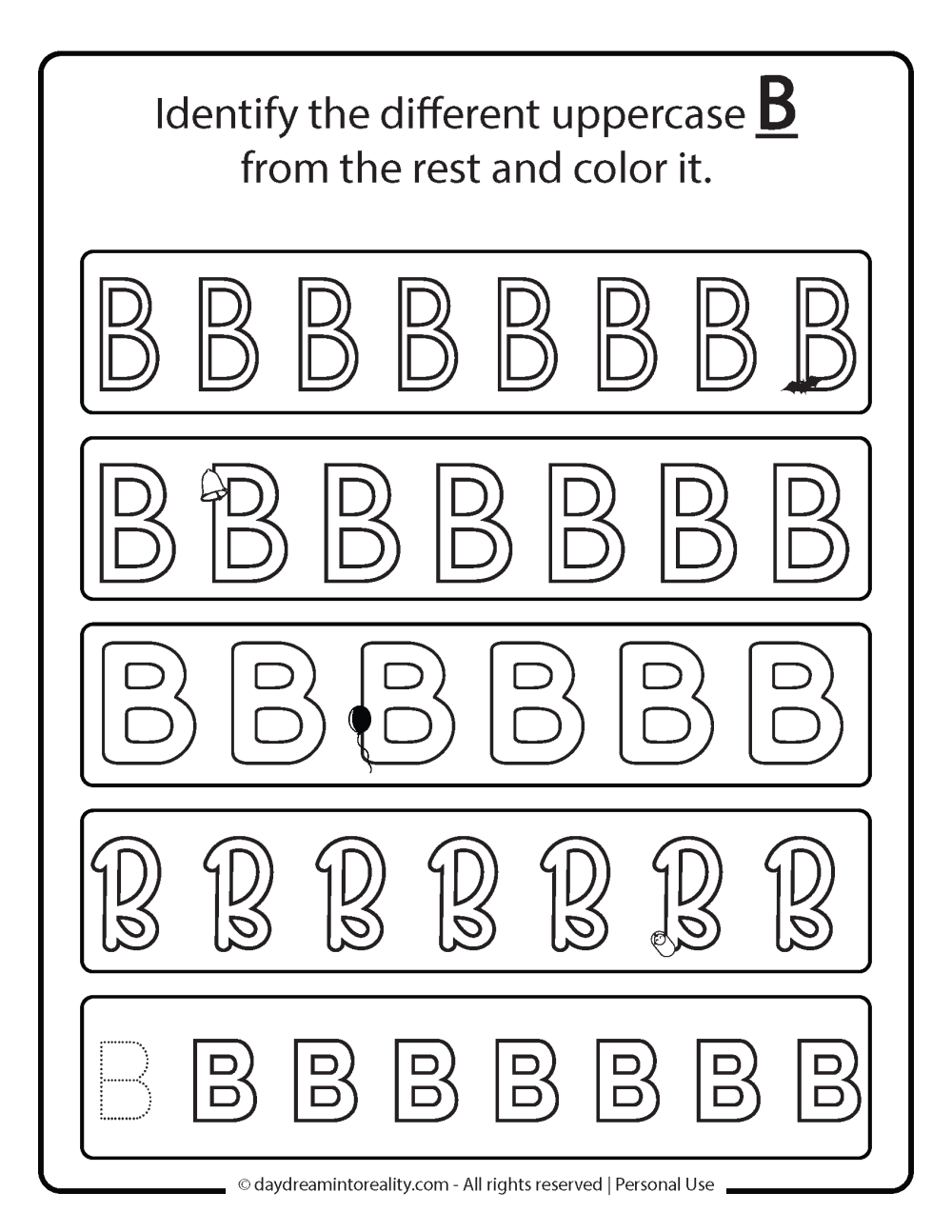 Identify different uppercase b worksheet free printable