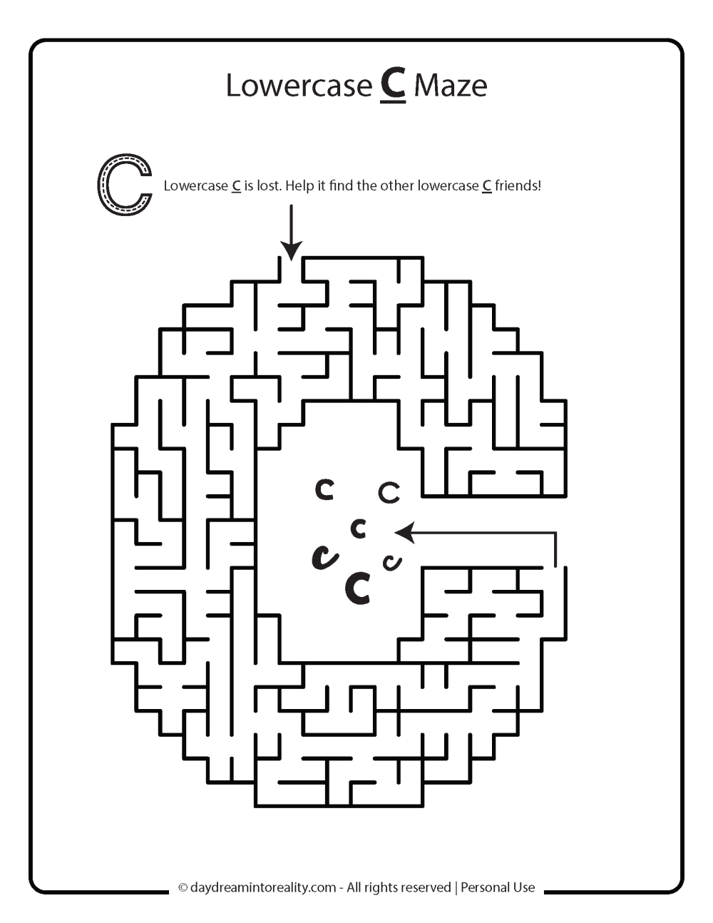 Lowercase C maze worksheet free printable