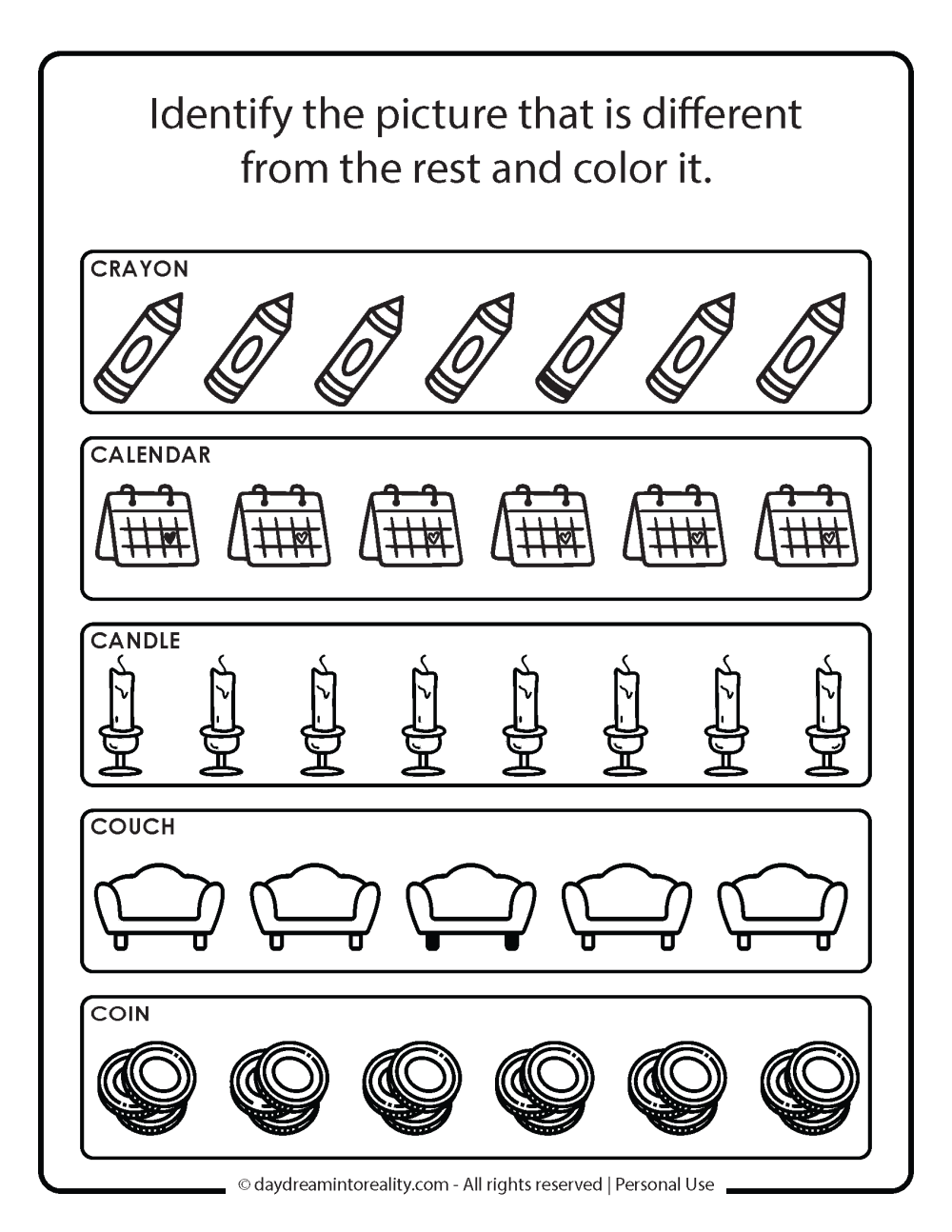 Identify the Different Image - Letter C worksheet free printable