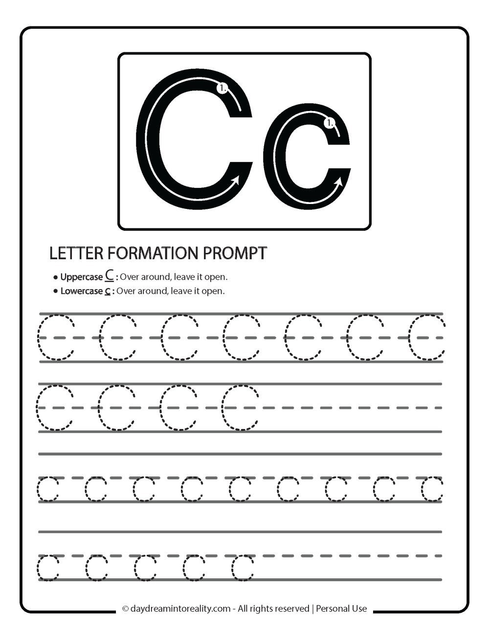 Letter C with letter formation prompt worksheet free printable