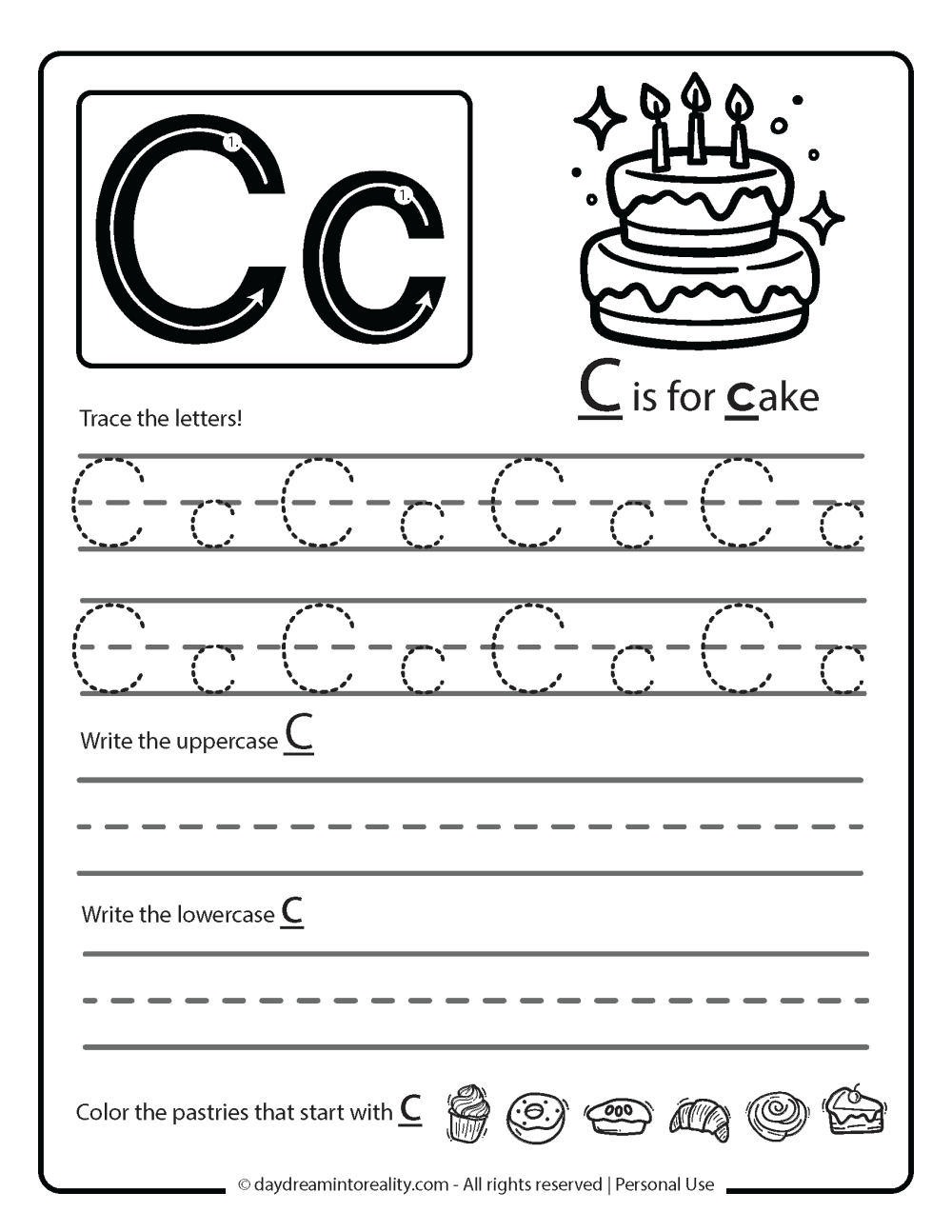 Letter C worksheet free printable - c is for cake