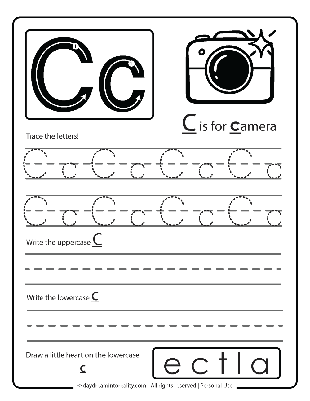 Letter C worksheet free printable - c is for camera