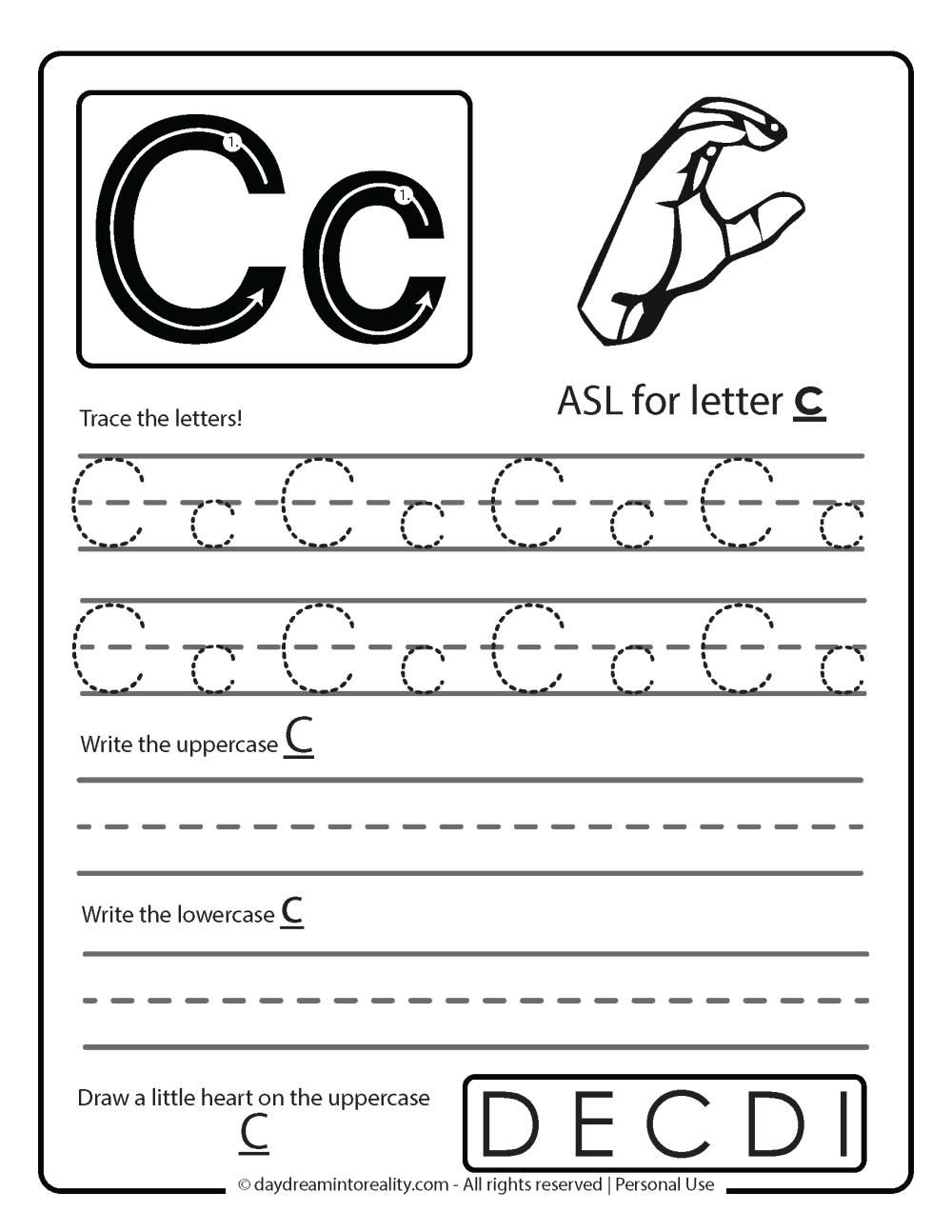 Letter C worksheet free printable - ASL letter C