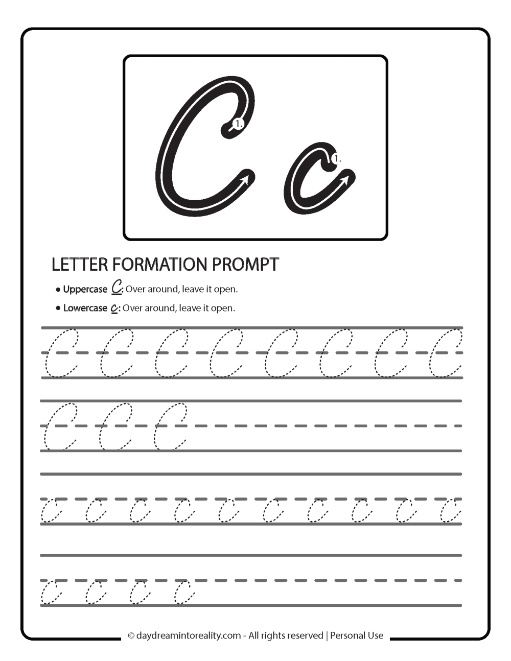 Letter C - cursive worksheet free printable and letter formation prompt