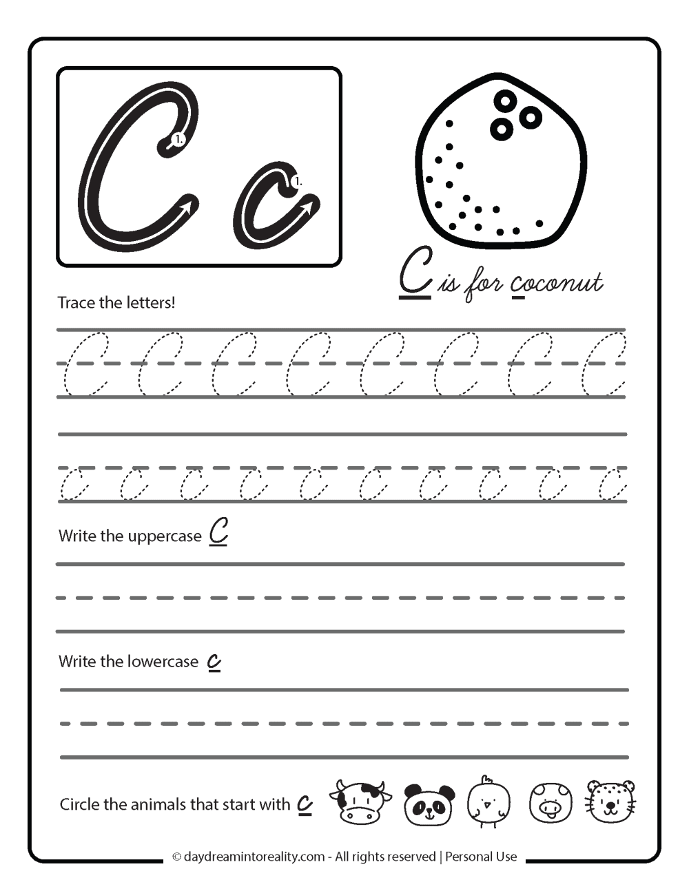 Letter C - cursive worksheet free printable - c is for coconut