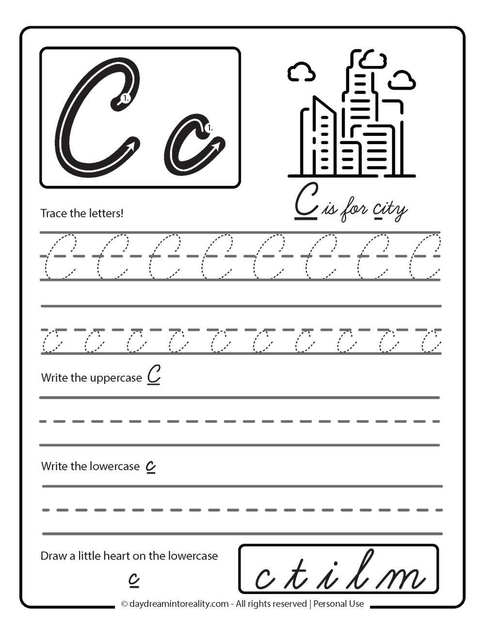 Letter C - cursive worksheet free printable - c is for city