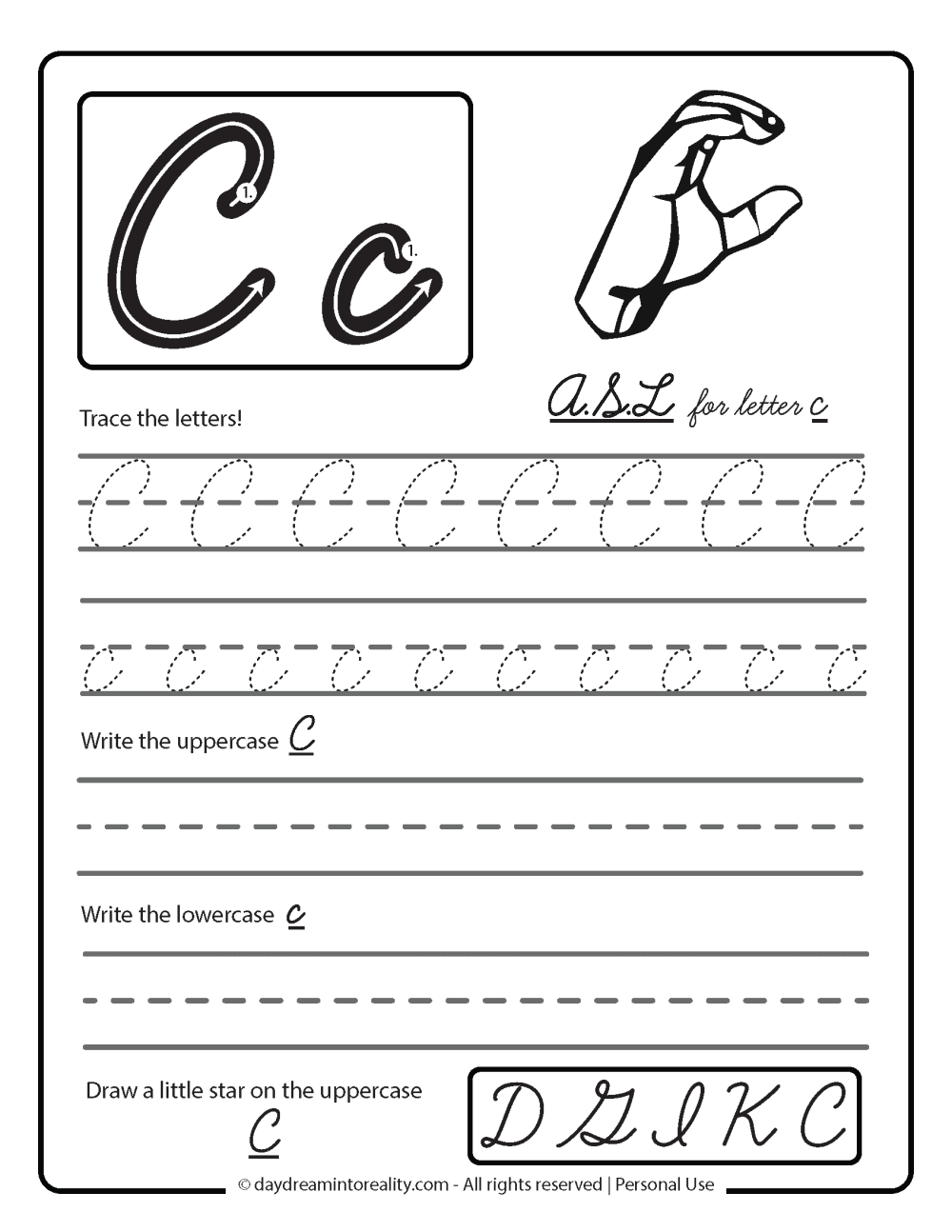 Letter C - cursive worksheet free printable - ASL