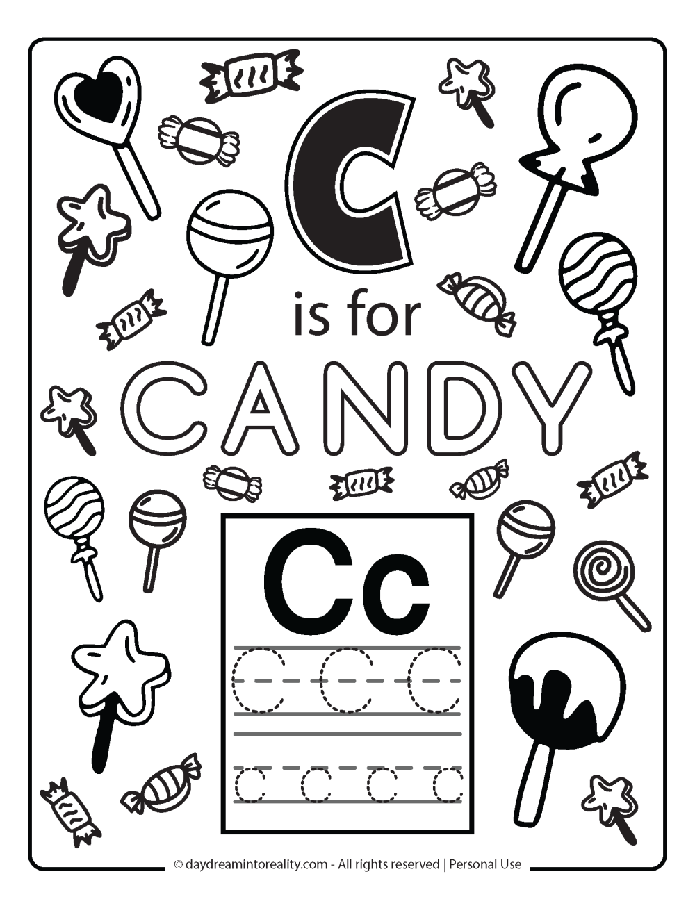 Letter C coloring page free printable - c is for candy