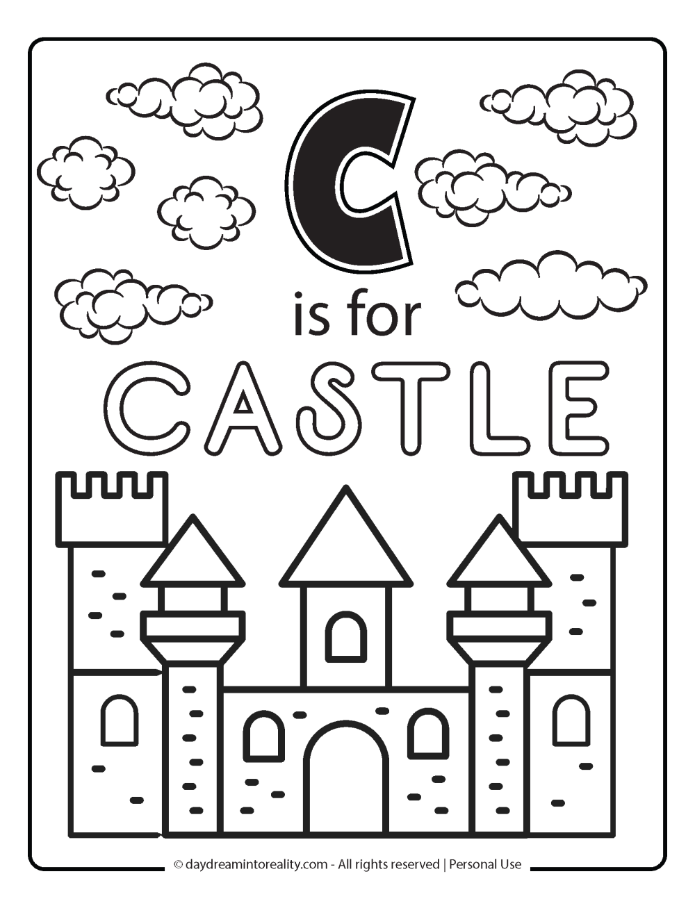 Letter C coloring page free printable - c is for castle