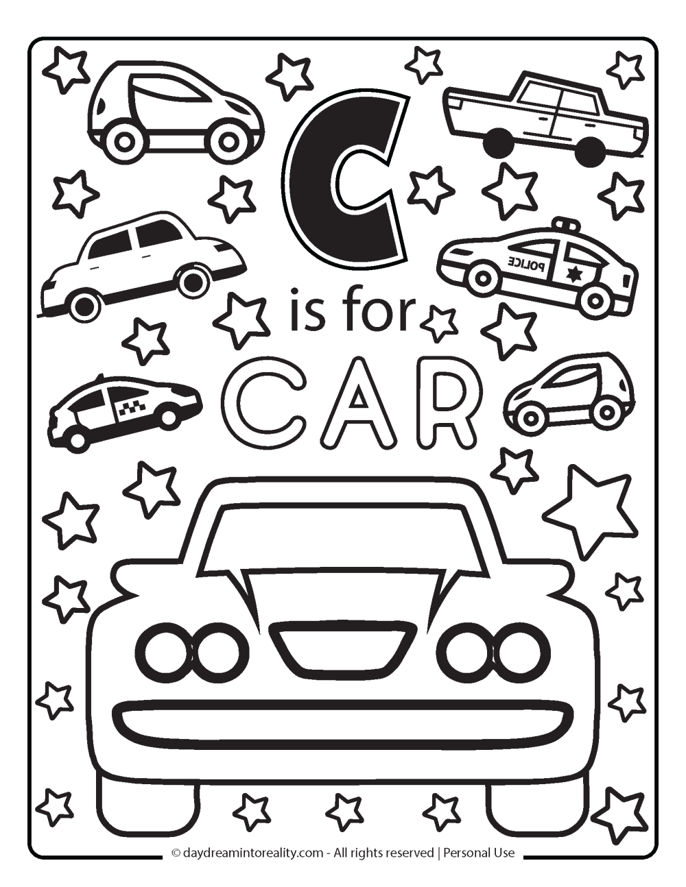 Letter C coloring page free printable - c is for car