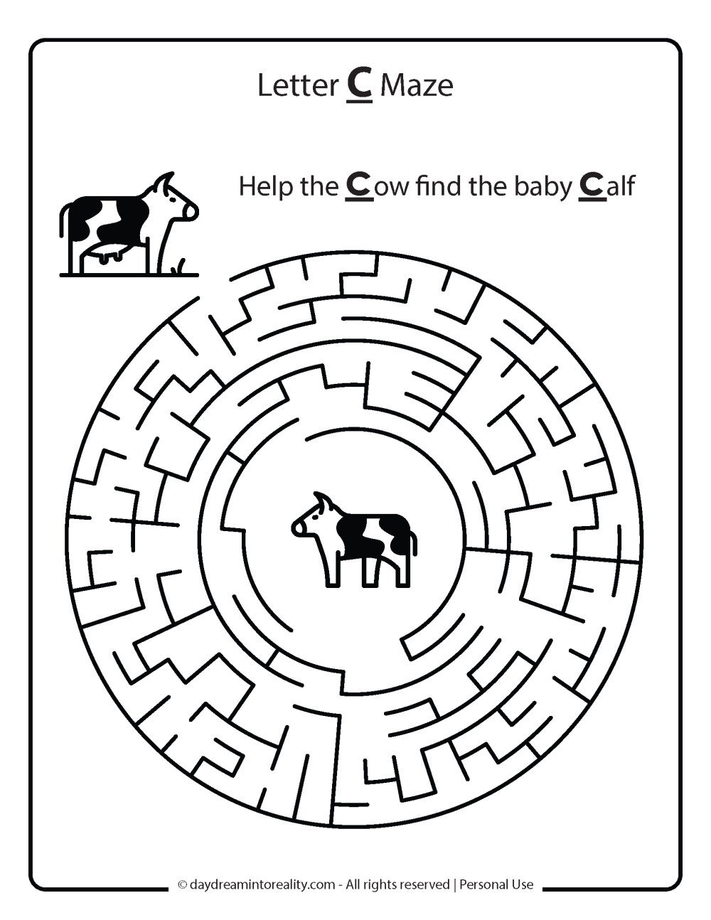 Letter C maze free printable - help the cow find the baby calf