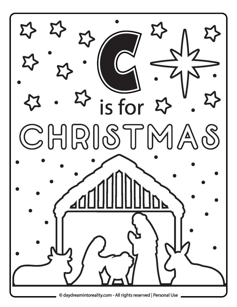 Letter C coloring page free printable - c is for Christmas