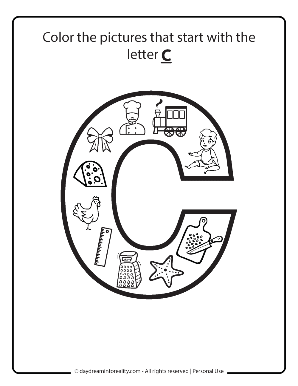 Color pictures that start with the Letter C worksheet free printable