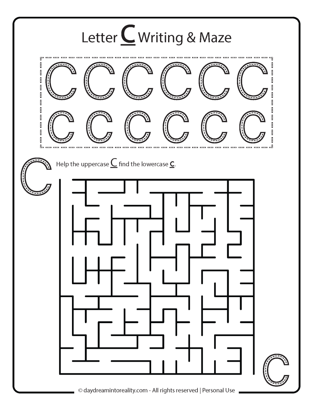 Letter C writing practice and maze