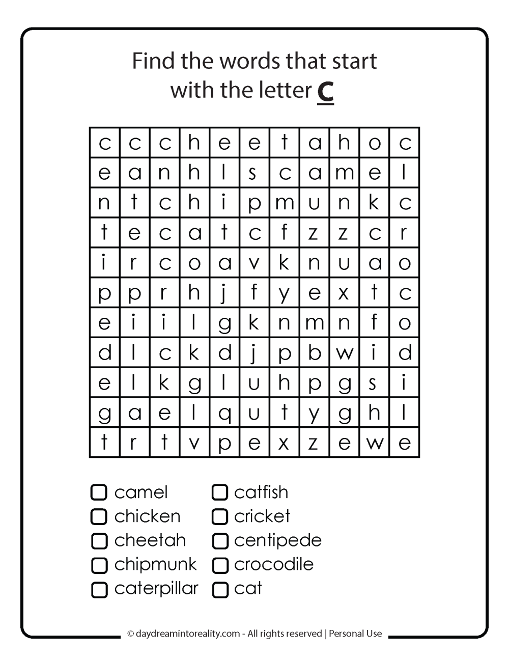 Letter C word search free printable