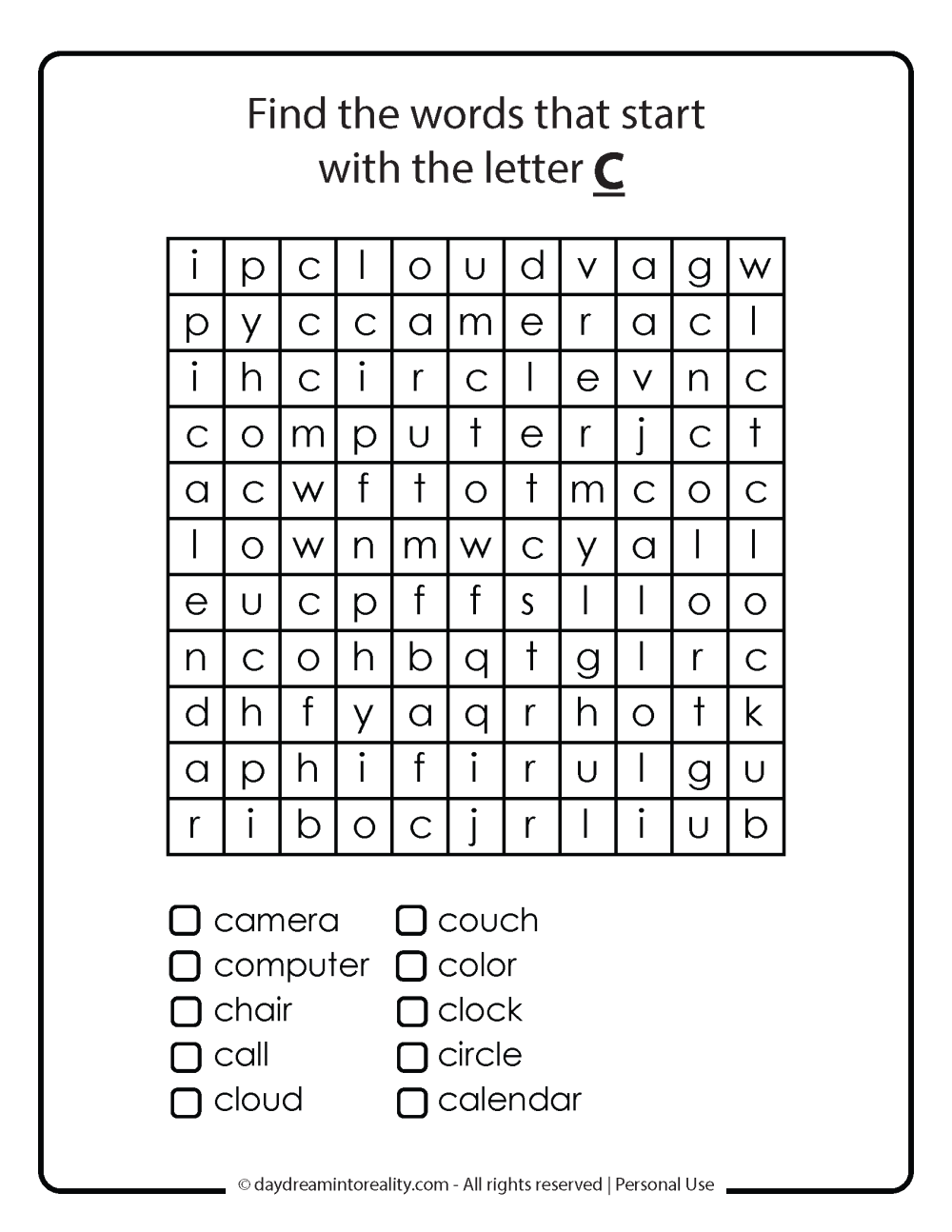 Letter C word search free printable