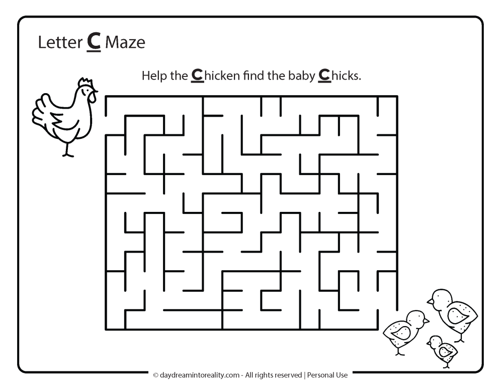 Letter C maze, help the chicken find the baby chicks.