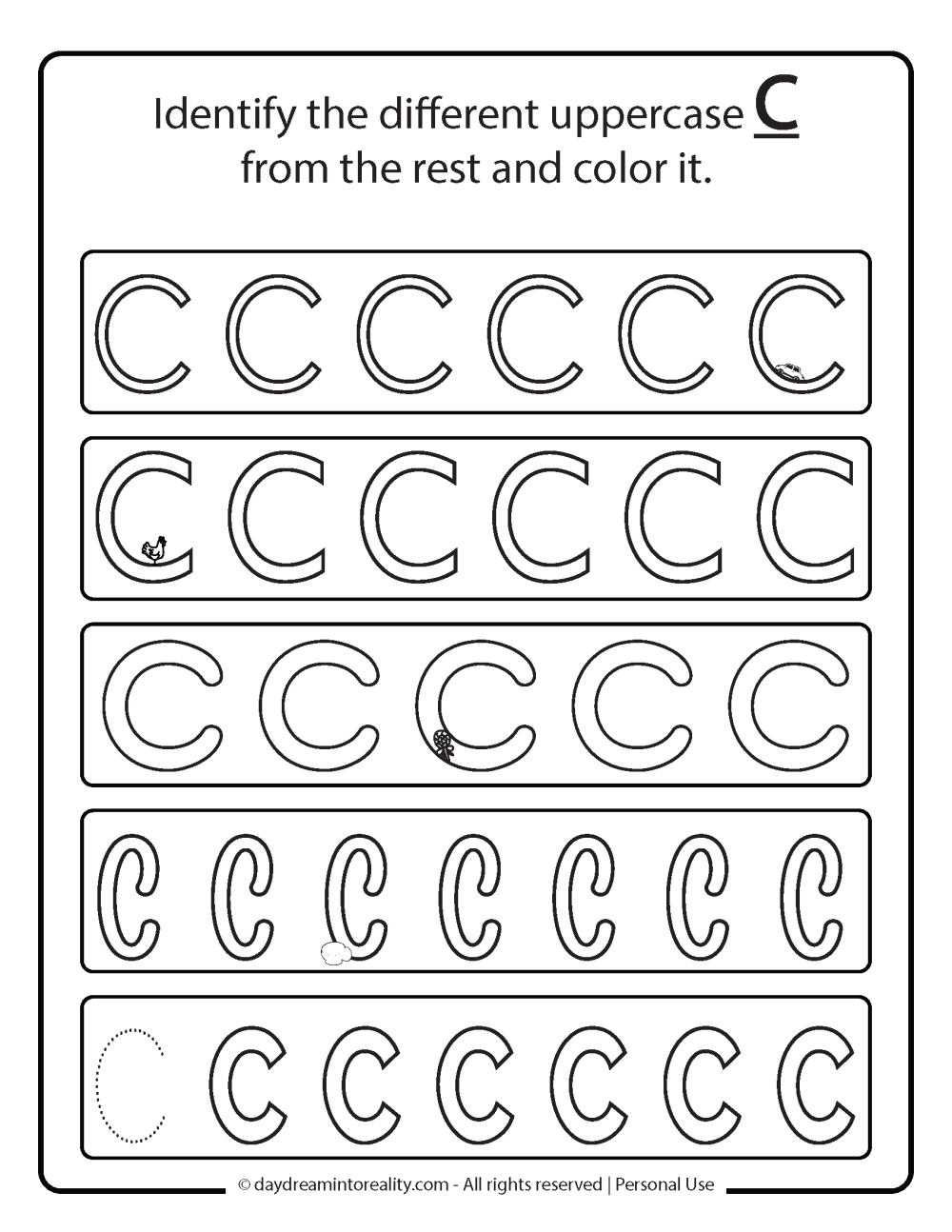 Identify the Different uppercase C worksheet free printable