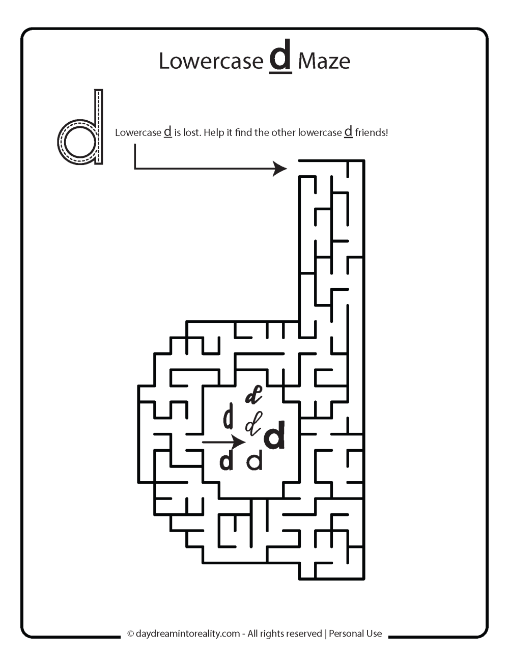 Letter D worksheet free printables. Lowercase d maze