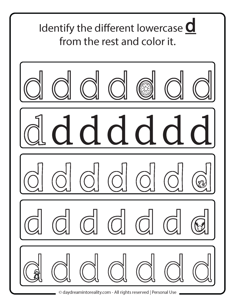 Letter D worksheet free printables. Identify the different lowercase d.