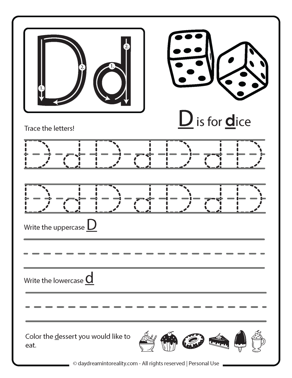 Letter D worksheet free printables - writing practice - d is for dice