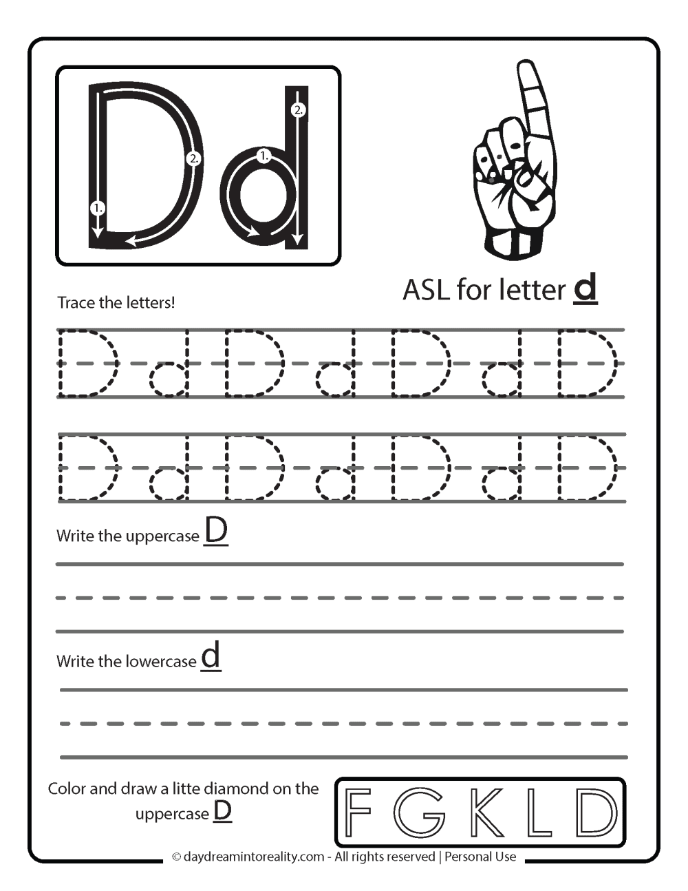 Letter D worksheet free printables - writing practice - asl for letter d