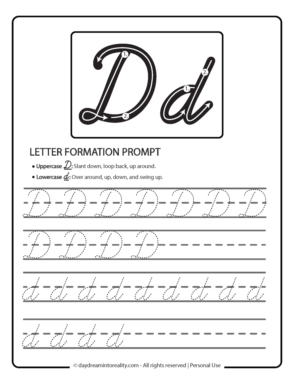 Letter D worksheet free printables - cursive writing practice