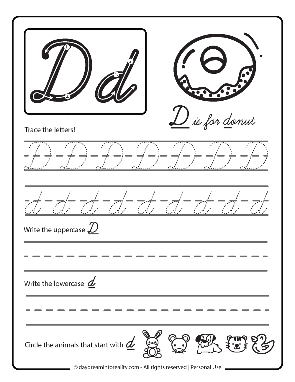 Letter D worksheet free printables - cursive writing practice - d is for donut