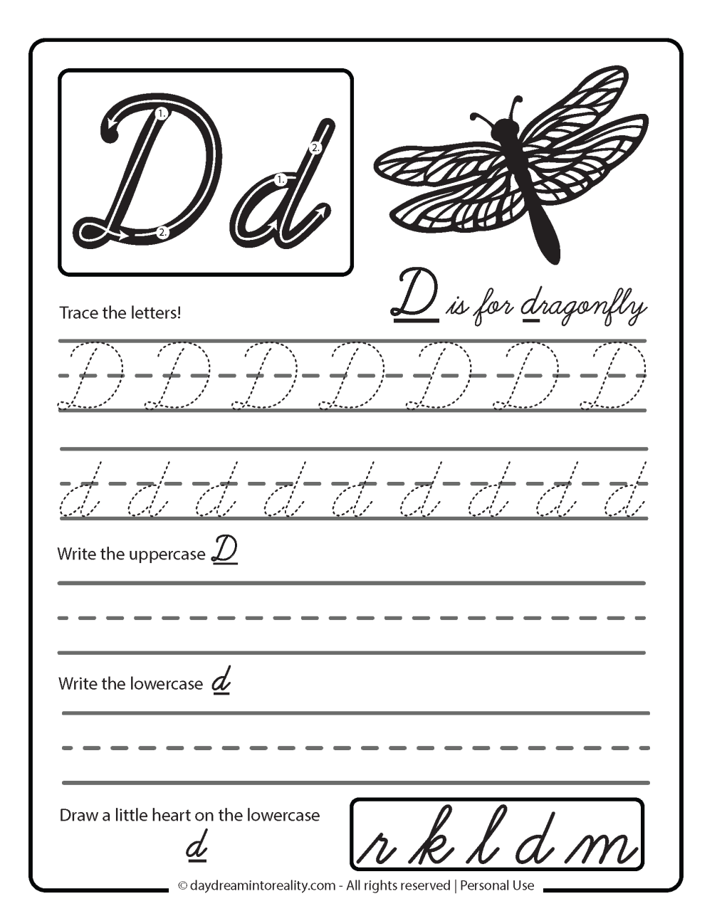 Letter D worksheet free printables - cursive writing practice - d is for dragonfly