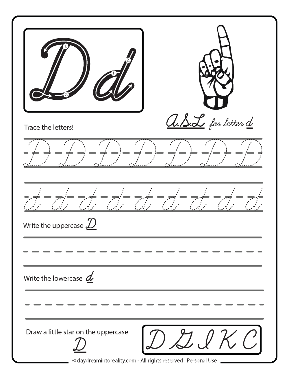 Letter D worksheet free printables - cursive writing practice - ASL for letter d