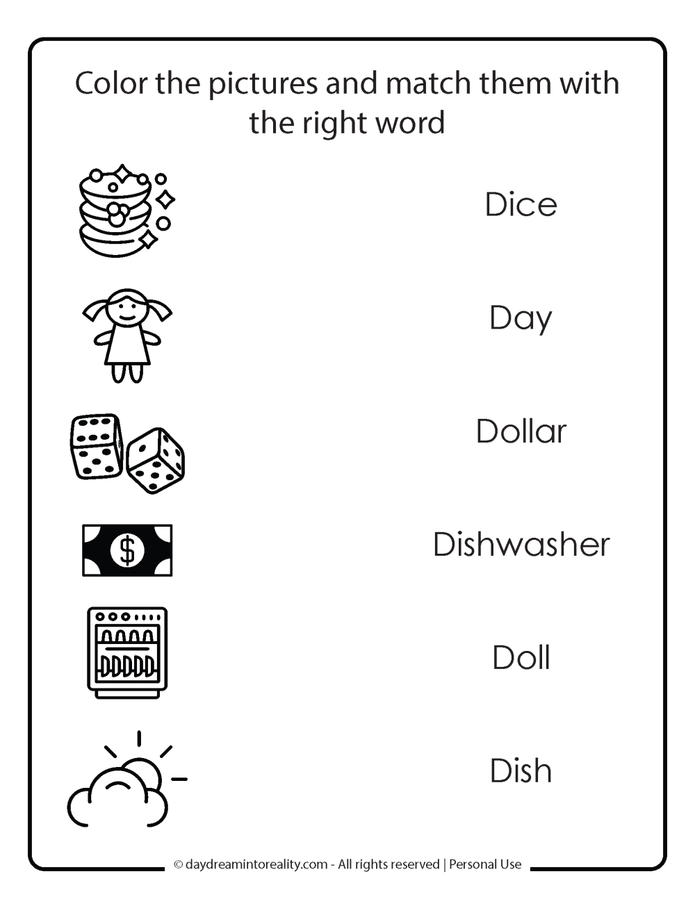 Letter D worksheet free printables. Match the pictures with words that start with d.