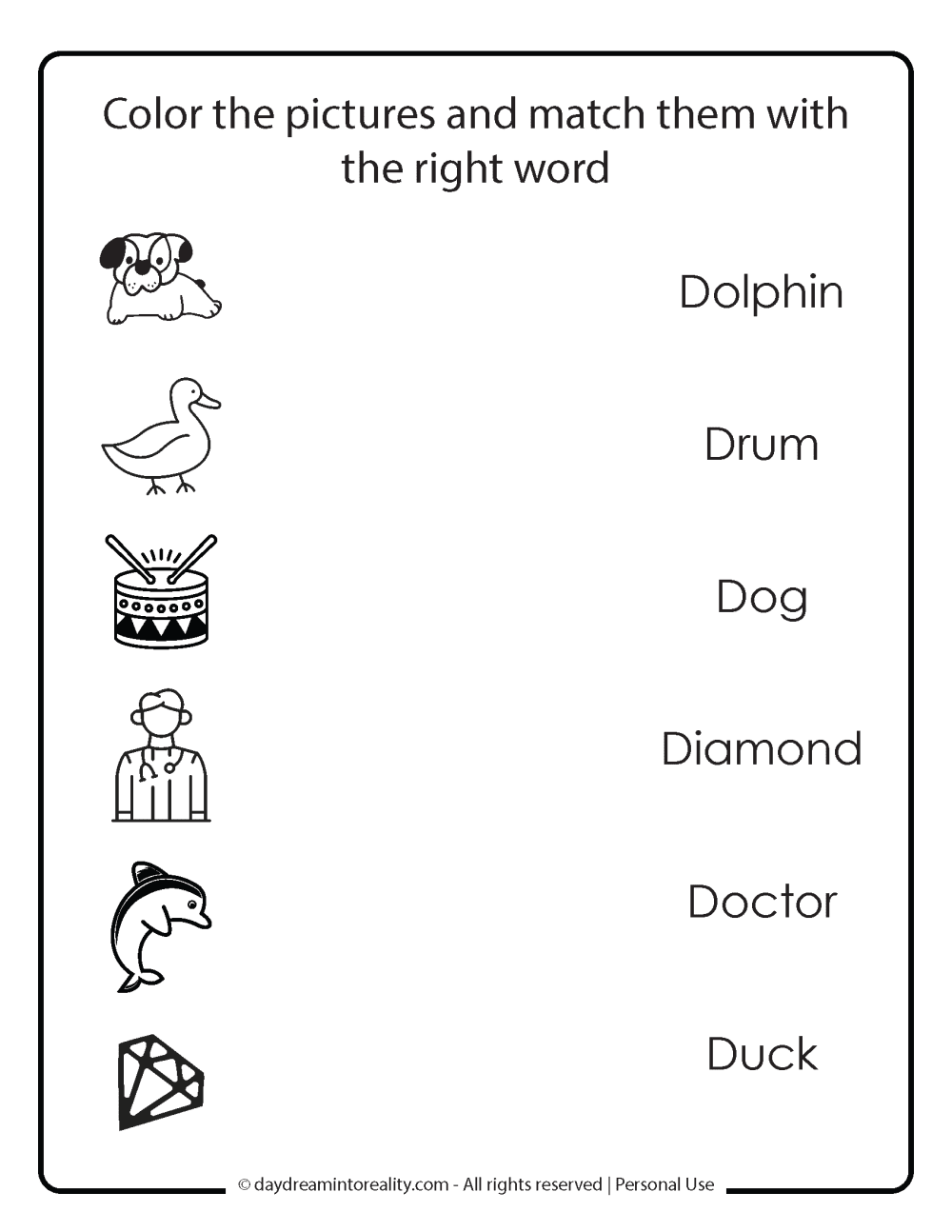 Letter D worksheet free printables. Match the pictures with words that start with d.