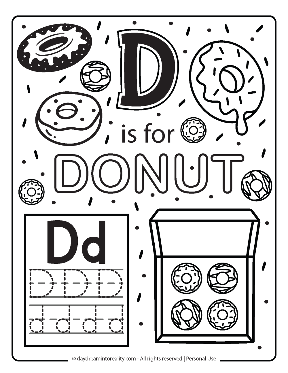 Letter D worksheet free printables. Coloring page D is for donut.