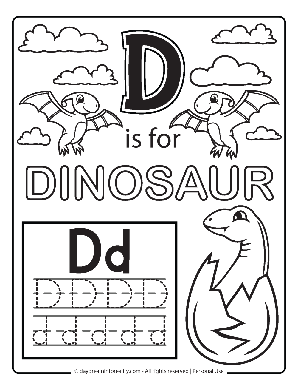 Letter D worksheet free printables. . Coloring page D is for dinosaur.