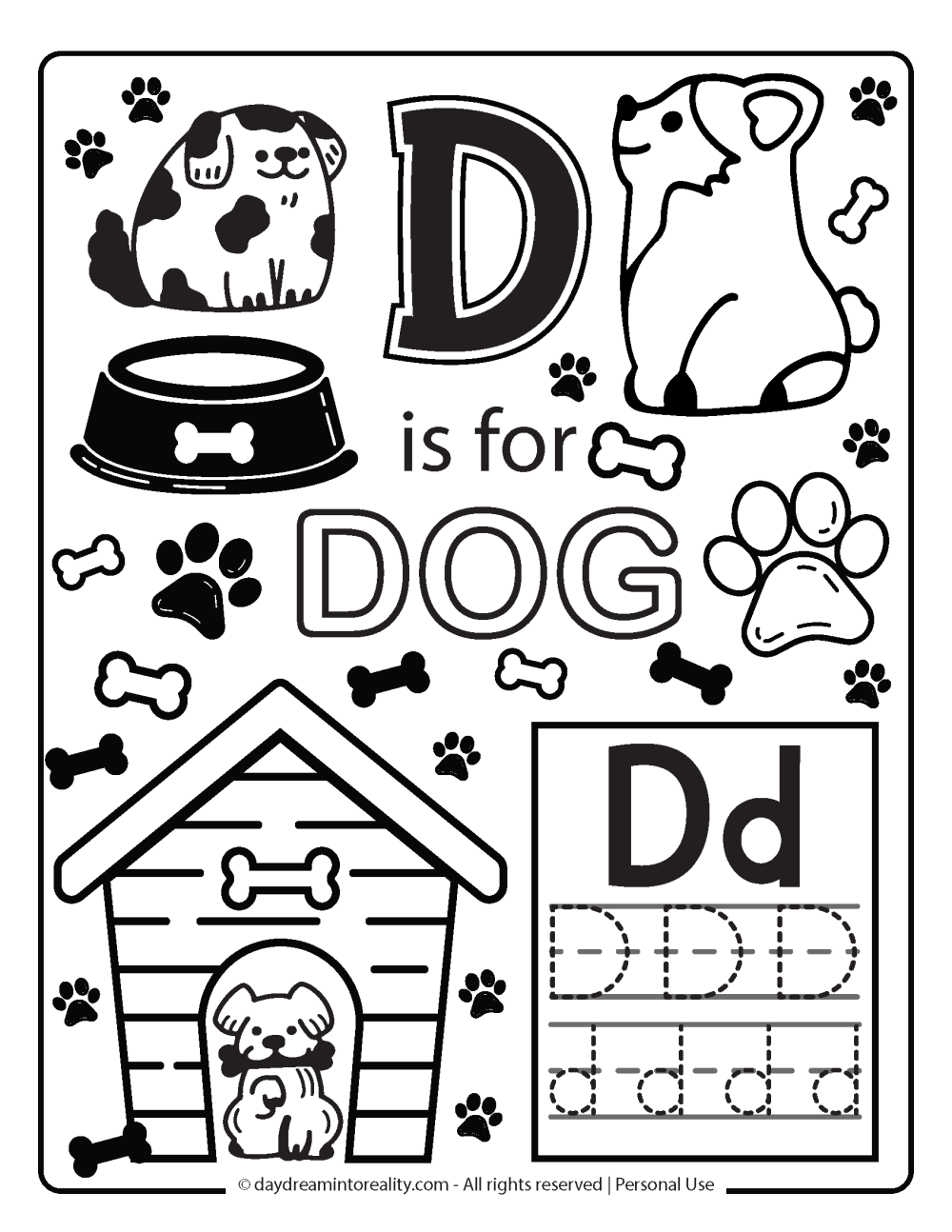 Letter D worksheet free printables. Coloring page D is for dog