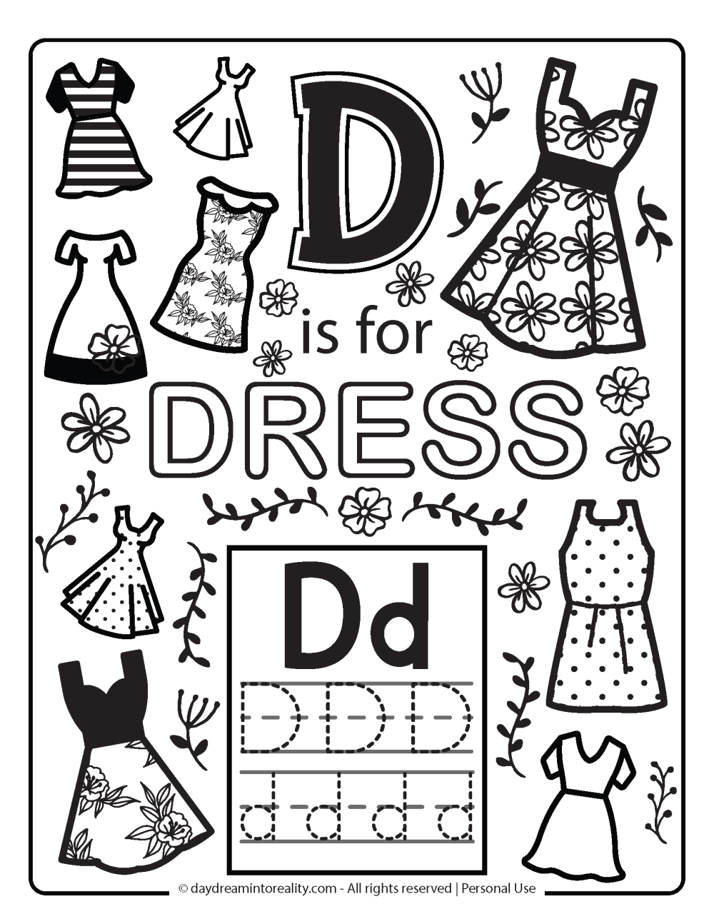 Letter D worksheet free printables. . Coloring page D is for dress.