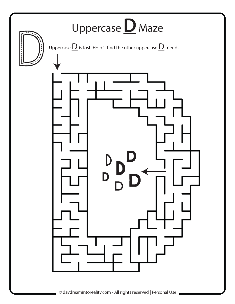 Letter D worksheet free printables. Uppercase D maze