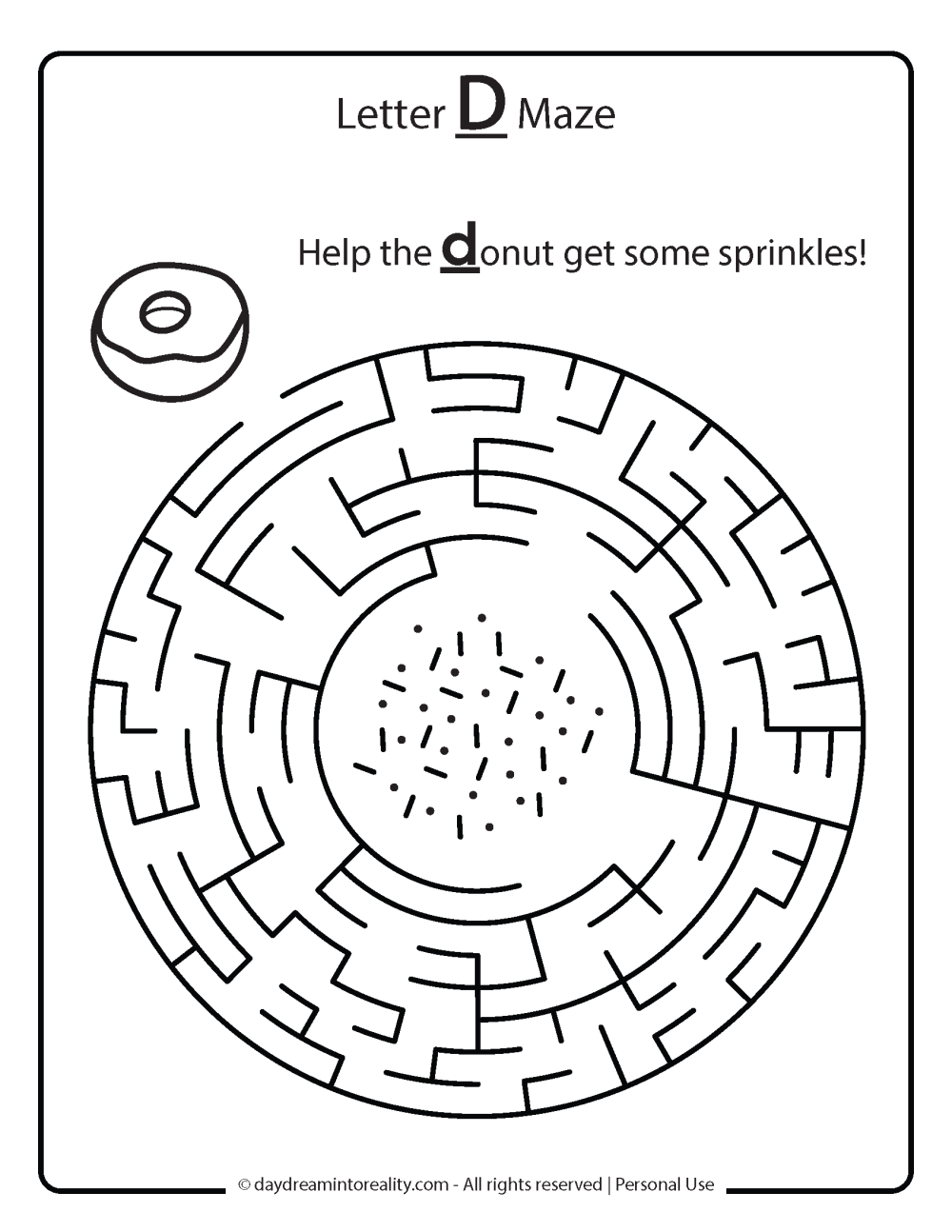 Letter D worksheet free printables. Help donut get some sprinkles maze.