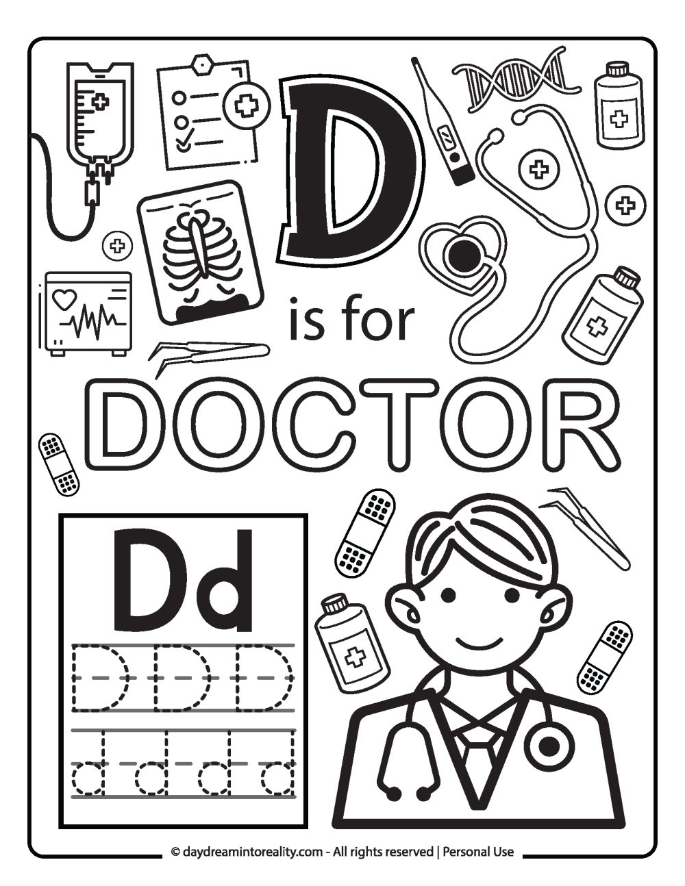 Letter D worksheet free printables. . Coloring page D is for doctor.